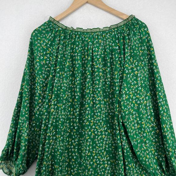 MAX STUDIO Top 2X Plus Floral Crepe Ruffle Tie Neck Blouse Balloon Sleeve Green - Picture 4 of 14